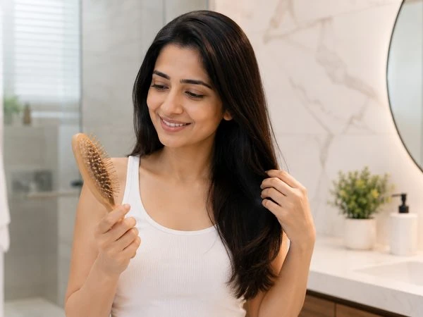Woman noticing less hair fall on her brush