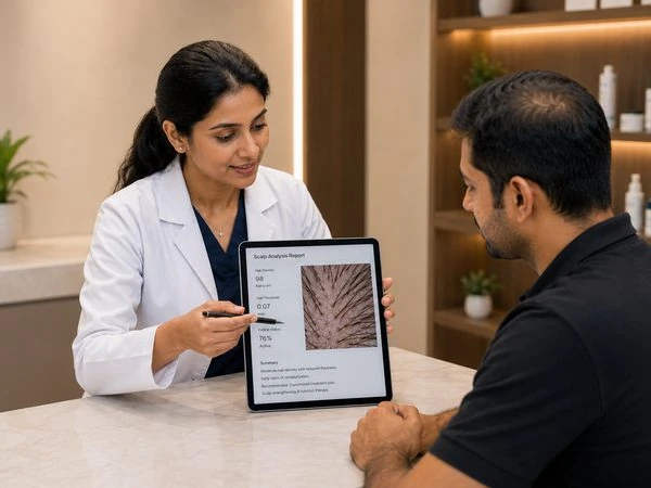 Doctor reviewing first trichoscopy scan with client