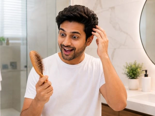 Man happily noticing far less hair on his brush at month three