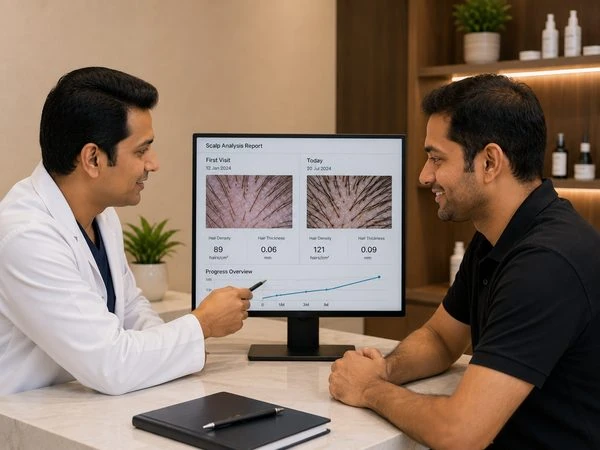 Client and doctor comparing month zero and month six density reports